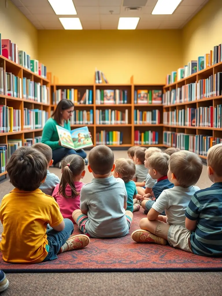 A vibrant photo of children participating in a storytelling session at the municipal library, with a librarian reading aloud and the children listening attentively.