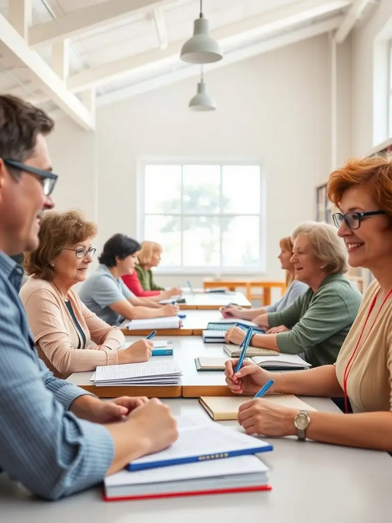 Adults participating in a literacy workshop, learning new skills and techniques to improve their reading and writing abilities.