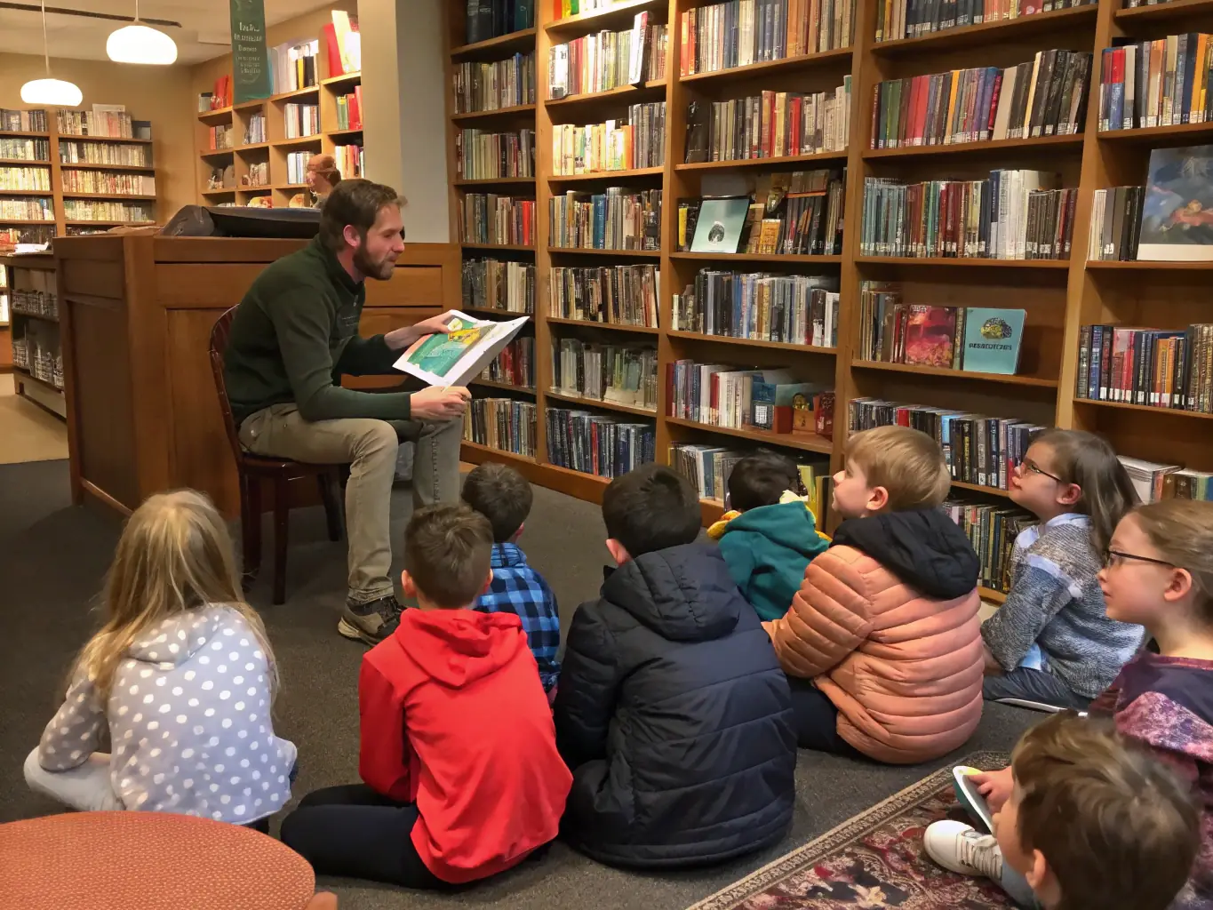 A vibrant image of children and adults engaged in a storytelling session at the library, with books and smiling faces highlighting community engagement.