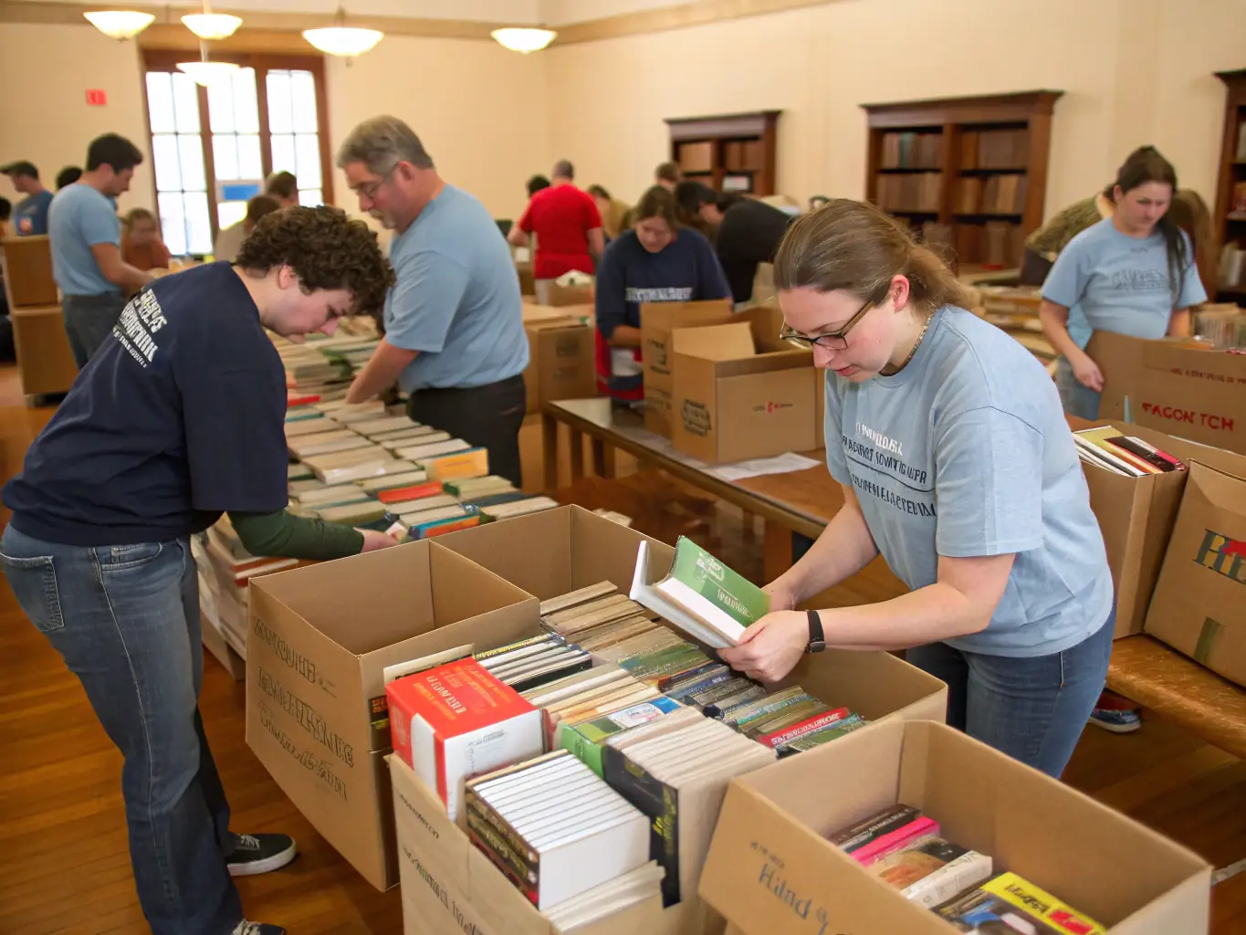 A photograph of a group of volunteers organizing books in the library, showcasing their dedication and the impact of their work.