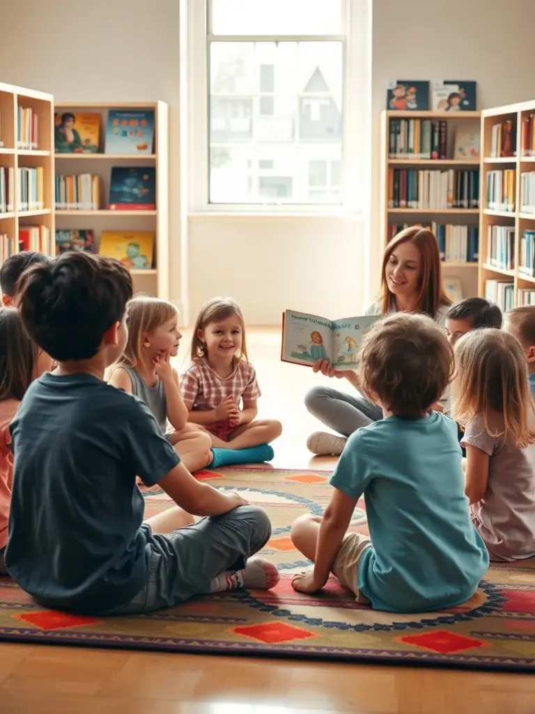 A group of children sitting in a circle, listening attentively to a librarian reading a storybook during a weekly reading session at the municipal library.