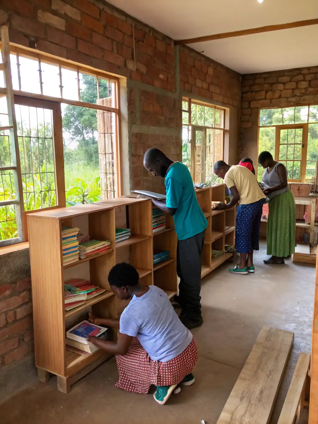 A photo of volunteers organizing and shelving books in the library, showcasing their dedication to maintaining the library's collection.
