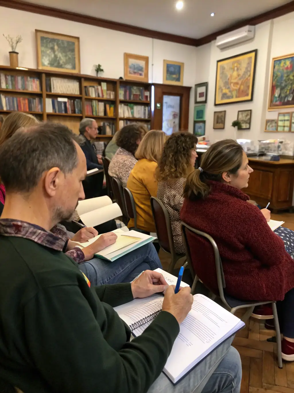 A group of adults attending a literacy workshop at the library, focusing on improving their reading and writing skills.