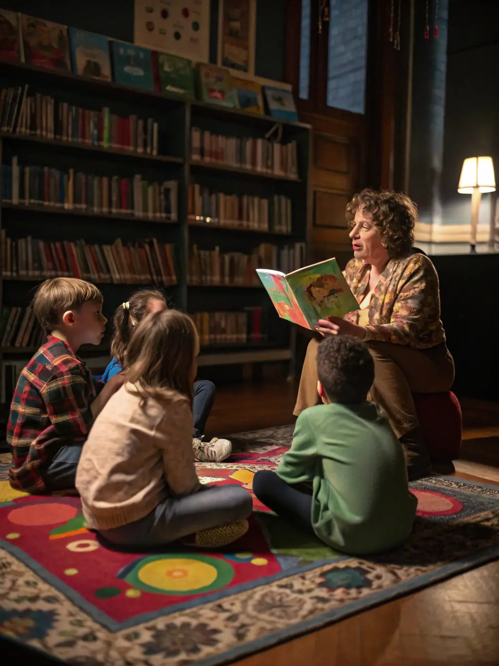 A librarian conducting a storytelling event with puppets and props, engaging children in an interactive and imaginative narrative experience.
